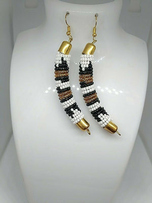 African Handmade Fashion Dangle Earring white,black & Gold Bead Hoop Design
