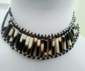 African Handmade Porcupine quill choker dark brown/cream  Necklace bracelet set