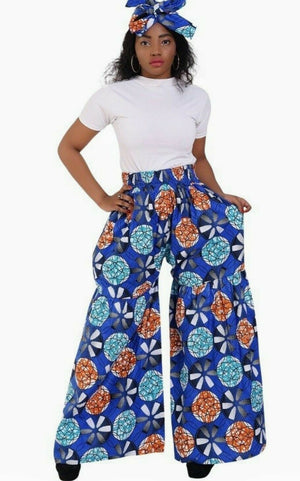 African Wax Print Palazzo Pants/Scarf 100%Cotton Multicolored one size S_XL