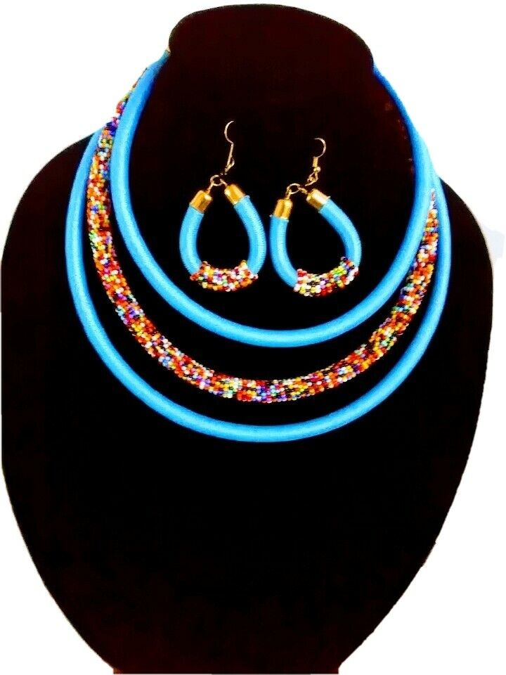 Handmade Thread Bead Triple Layer Necklace earrings light blue Multicolored