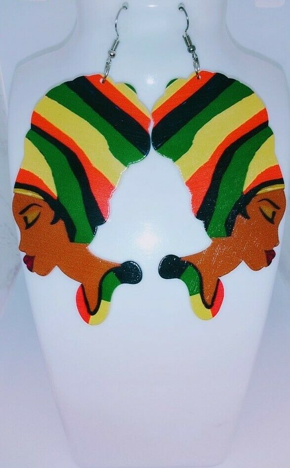 Woman  reggae queen Statement Wood Carved Earrings  multicolored new
