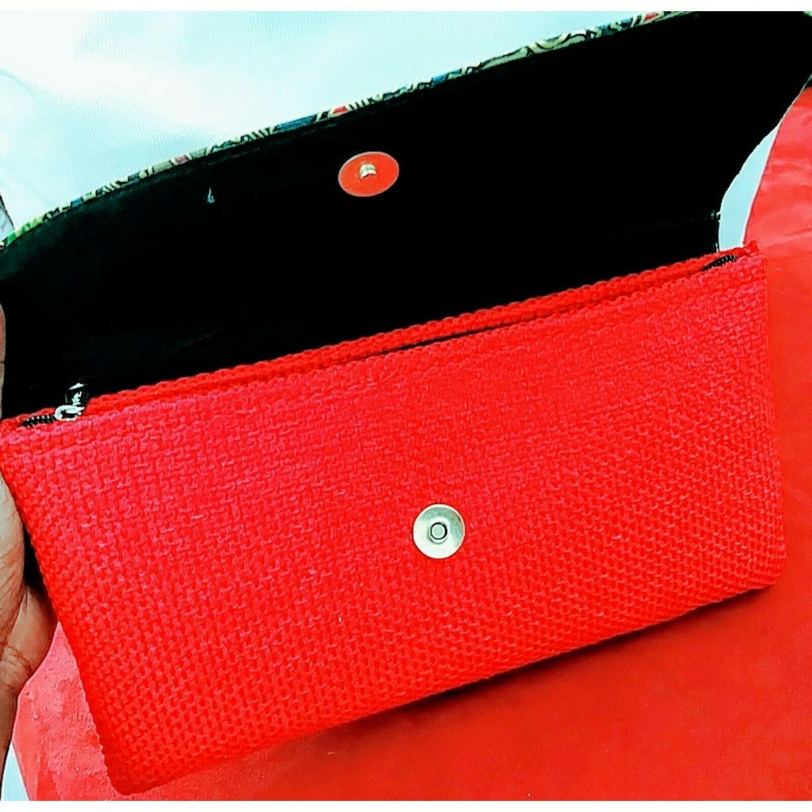 Handmade fold over red green multicolor Clutch Bag