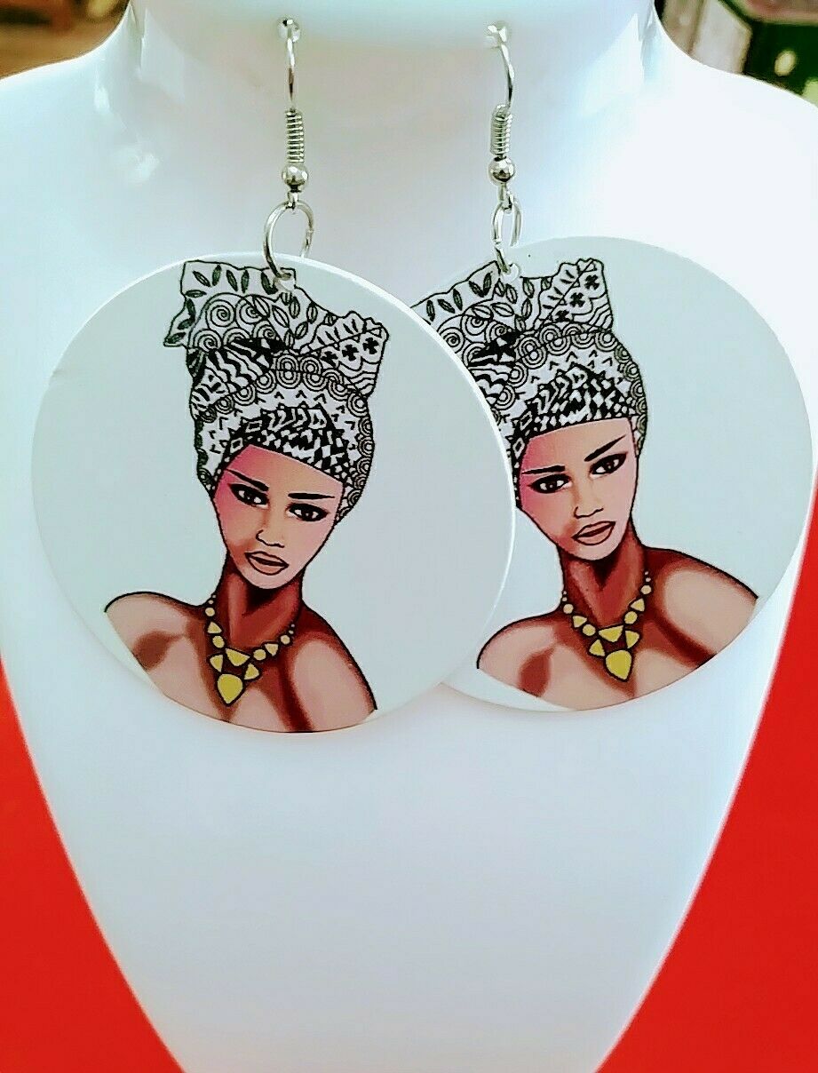 woman headwrap Statement Wood dangle drop Earrings
