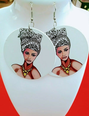 woman headwrap Statement Wood dangle drop Earrings