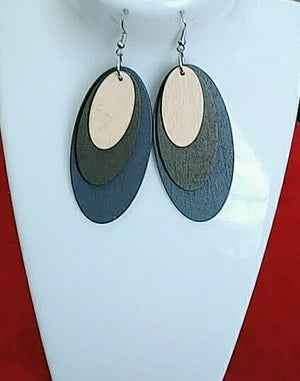 African-Kenya wood multicolored Oval Gray Dangle Hoop Earrings