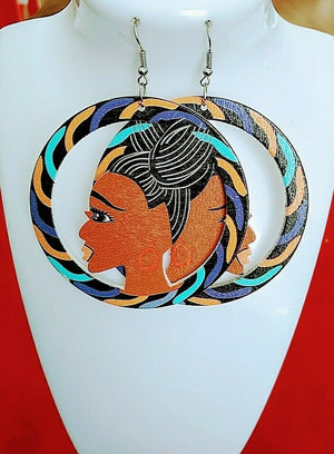 African woman Statement round Wood Carved Earrings multicolor new