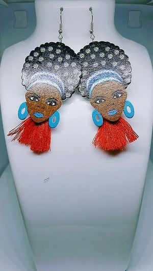 African Lady Drop Earrings Wooden multicolored Drop Dangle Earrings blue red