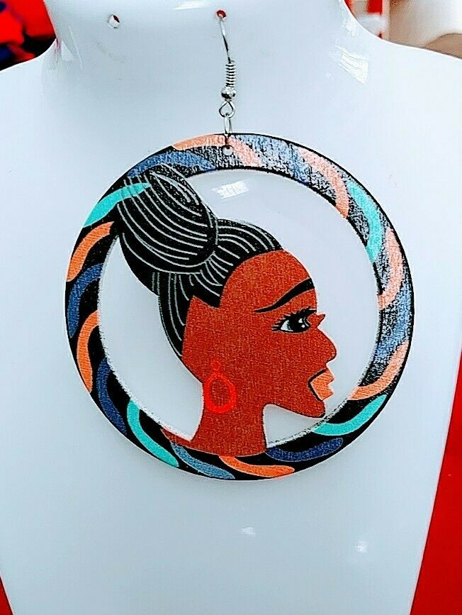 African woman Statement round Wood Carved Earrings multicolor new