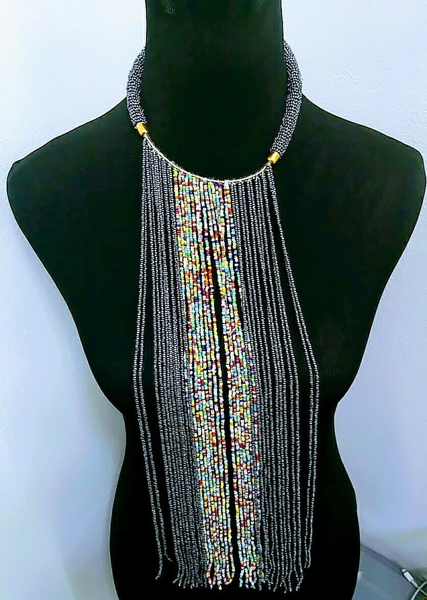 Mvua Waterfall handmade Beaded Necklace Gray