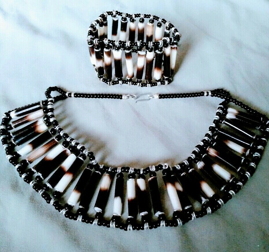 African Handmade Porcupine quill choker dark brown/cream  Necklace bracelet set