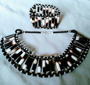 African Handmade Porcupine quill choker dark brown/cream  Necklace bracelet set
