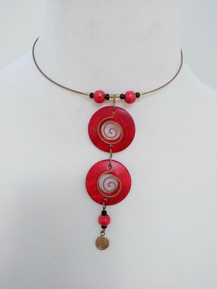 Pendant statement necklace Red Gold choker