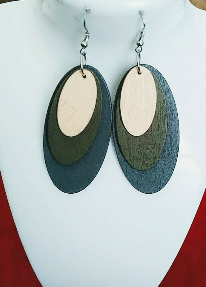 African-Kenya wood multicolored Oval Gray Dangle Hoop Earrings