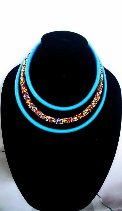 Handmade Thread Bead Triple Layer Necklace earrings light blue Multicolored