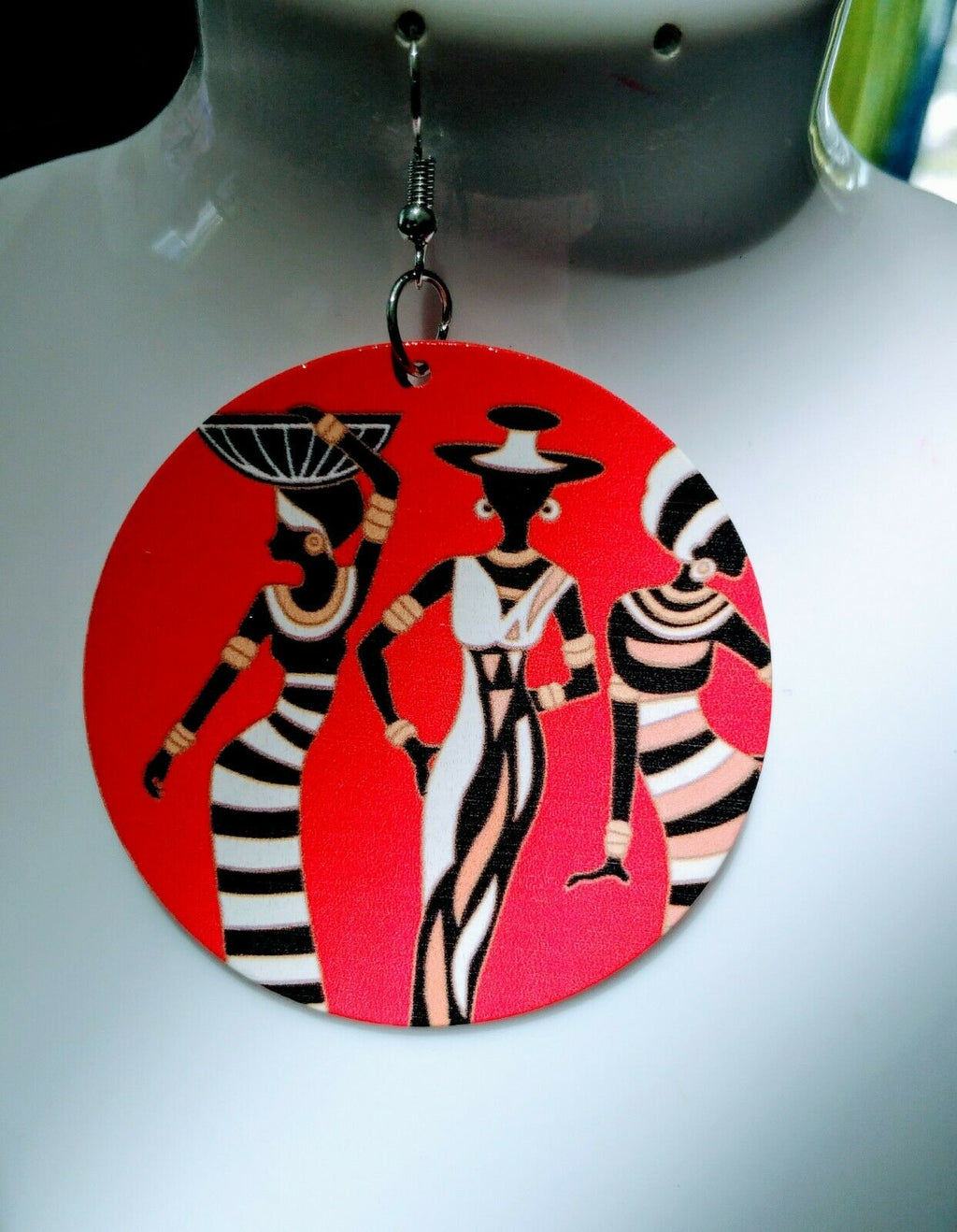 African women round Wooden Carved dangle Earrings multicolored