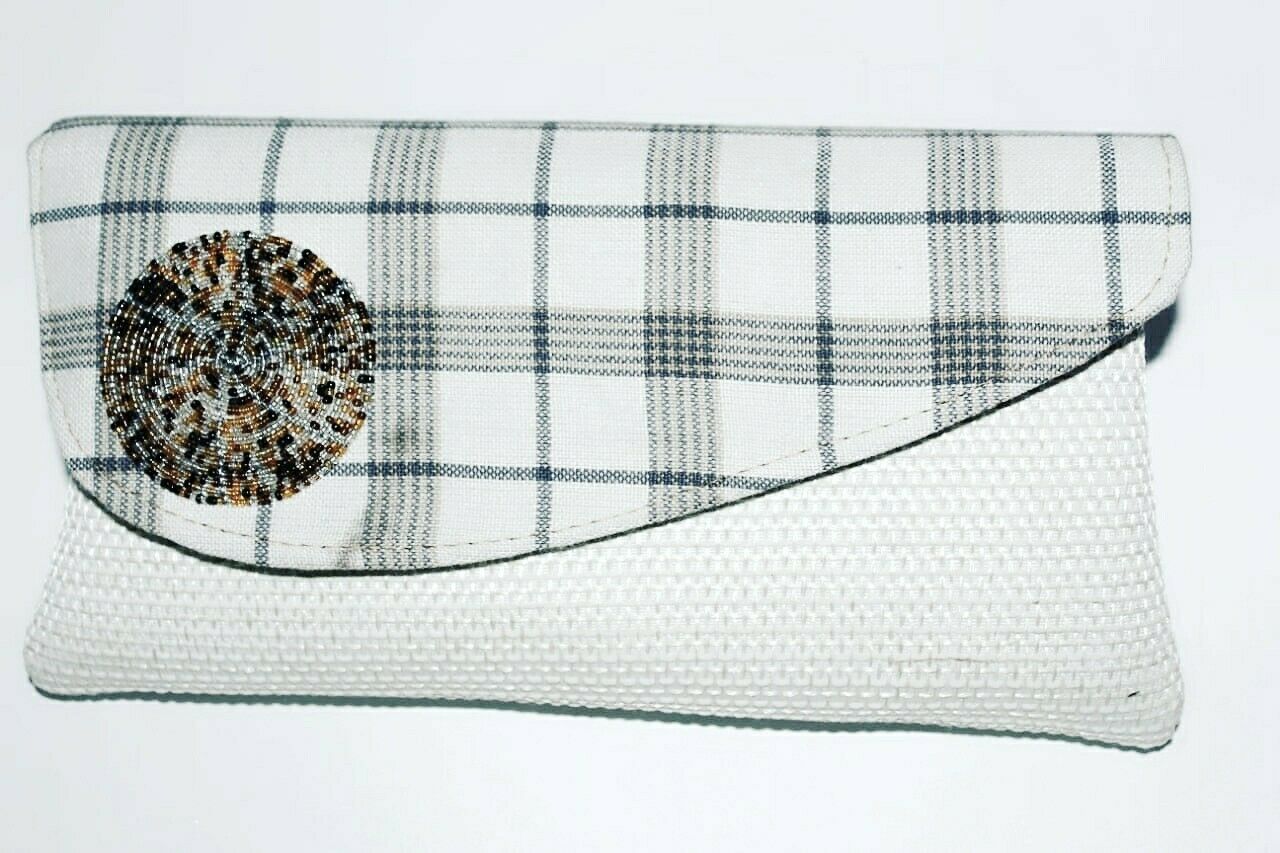 African maasai handmade fabric fold over bead  off white checked clutch Handbag