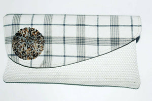 African maasai handmade fabric fold over bead  off white checked clutch Handbag