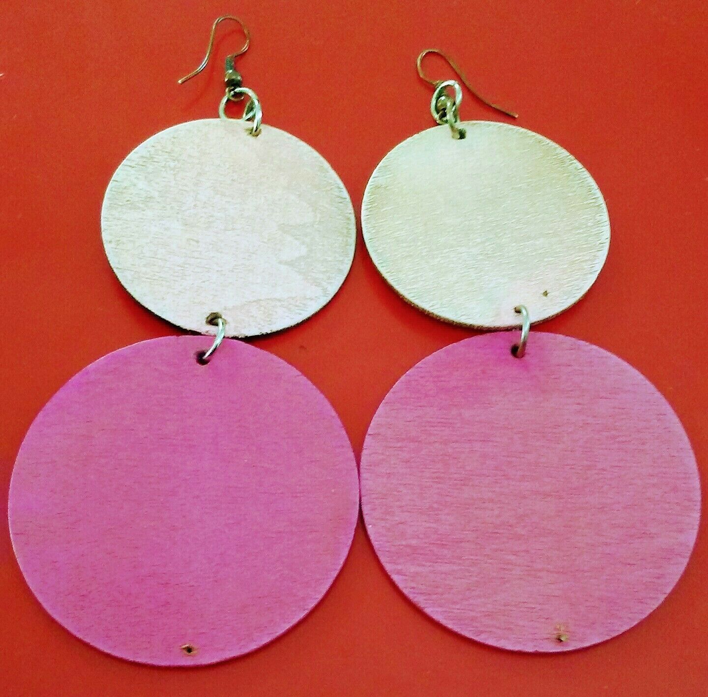 Handmade wood  Dangle Hoop Earrings pink Long