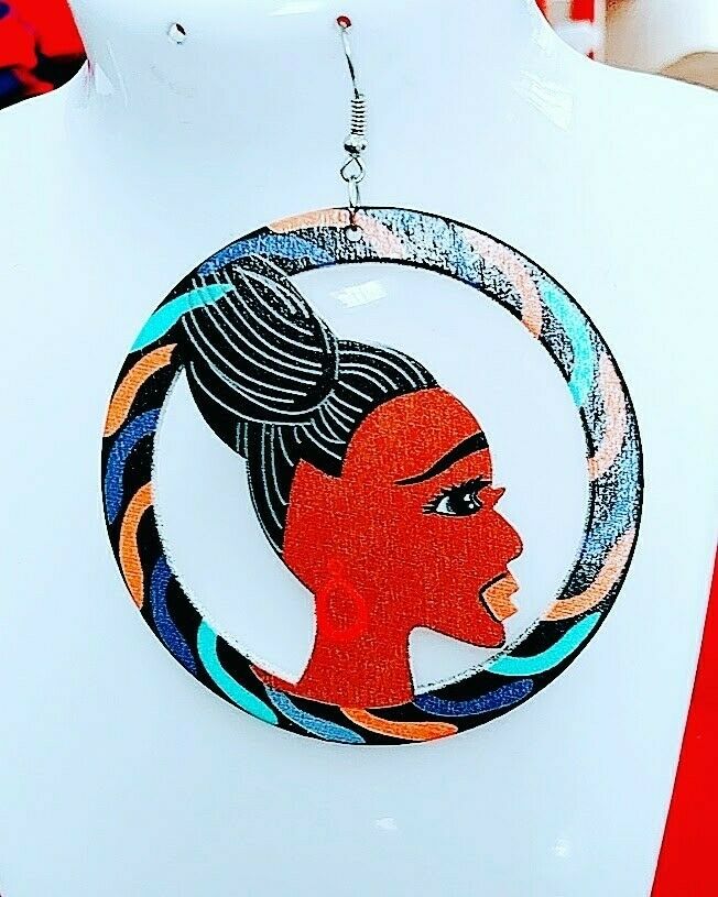 African woman Statement round Wood Carved Earrings multicolor new