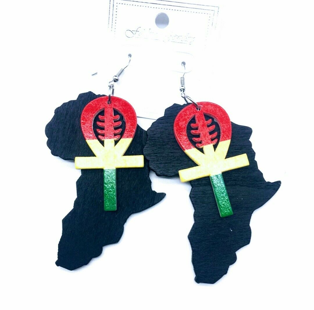 African map  Nye Ngame Wooden multicolored dangle Earrings new