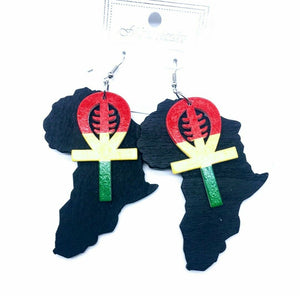 African map  Nye Ngame Wooden multicolored dangle Earrings new