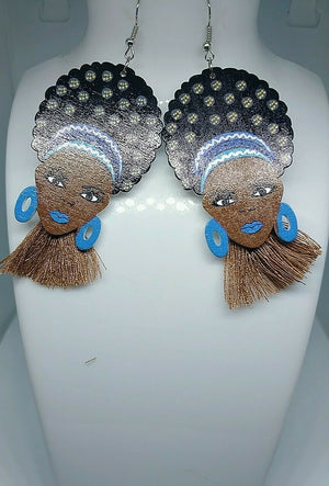 African Lady Drop Earrings Wooden multicolored Drop Dangle Earrings blue Beige