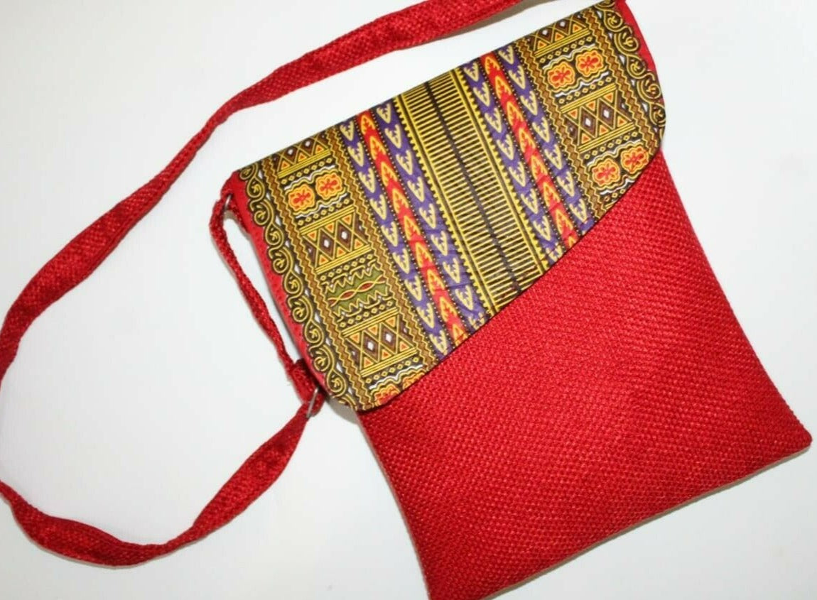 African Bag Crossbody Handmade Dashiki fabric and canvas 10x15 Red multicolor