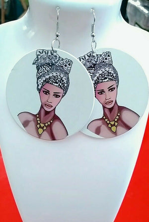 woman headwrap Statement Wood dangle drop Earrings
