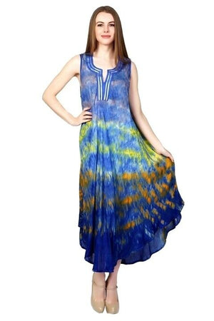 New Free Size Boho Tie Dye Split Neck Dress / Cover Up Blue -multicolored S-XL