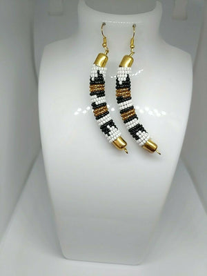 African Handmade Fashion Dangle Earring white,black & Gold Bead Hoop Design