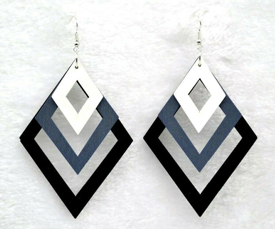 Diamond shape wood multicolor gray white Dangle Hoop Earrings