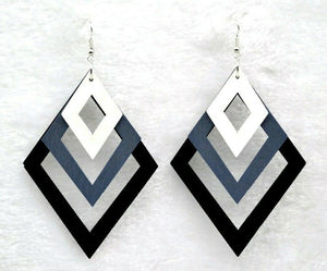 Diamond shape wood multicolor gray white Dangle Hoop Earrings