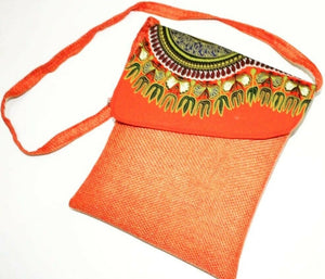 African Bag Crossbody Handmade Dashiki fabric and Jute 10x15 orange multicolor