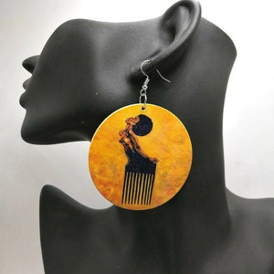Afro Natural Wooden comb round  Dangle drop hook  Earrings