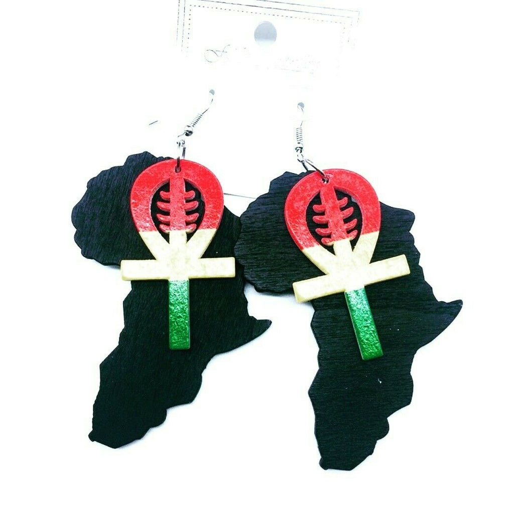 African map  Nye Ngame Wooden multicolored dangle Earrings new