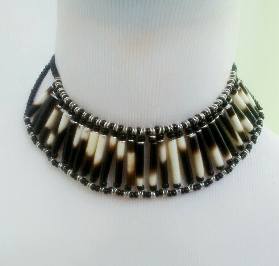African Handmade Porcupine quill choker dark brown/cream  Necklace bracelet set