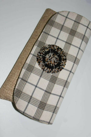 African maasai handmade fabric fold over bead  khaki checkered clutch Handbag