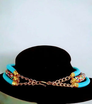 Handmade Thread Bead Triple Layer Necklace earrings light blue Multicolored