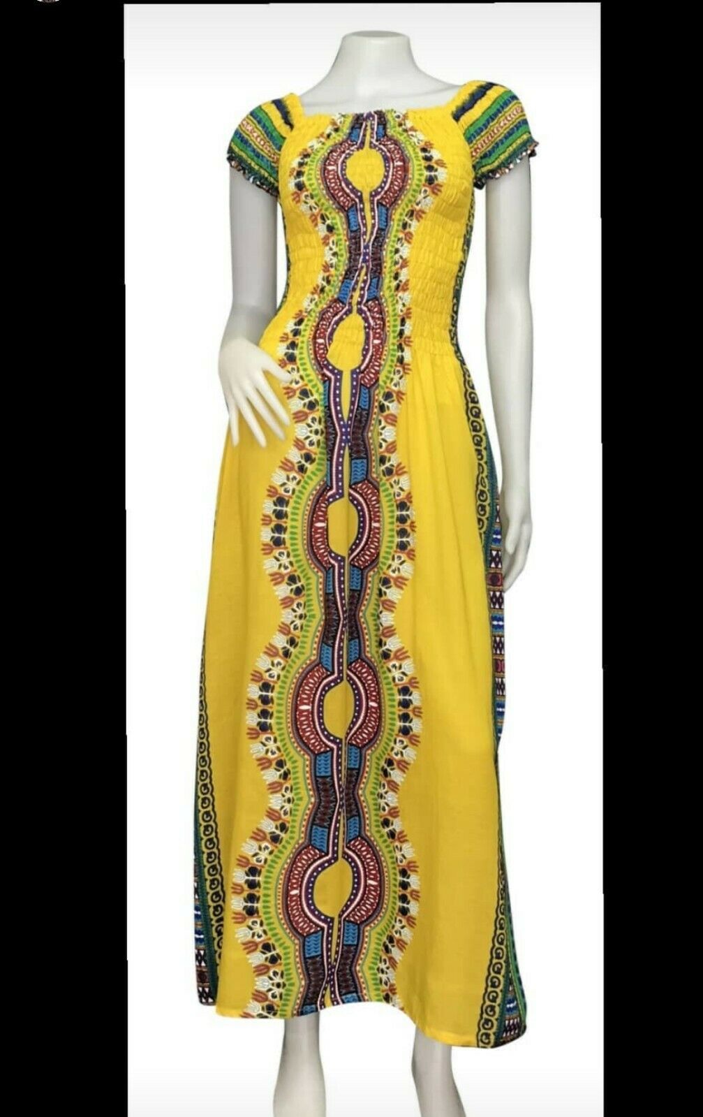 Traditional print long Maxi Boho yellow multicolored Dress one size fits