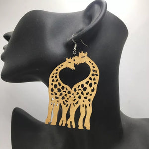 Giraffe carved long Wooden Dangle Drop Earrings