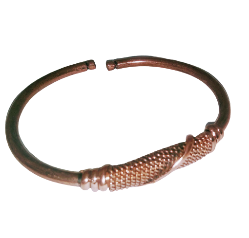 African copper bangle bracelet displayed on wrist showing adjustable fit"