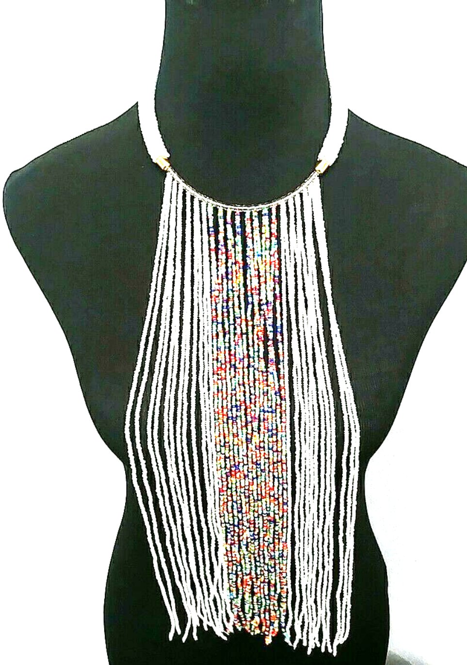 A multicolored beaded necklace with a waterfall design displayed on a mannequin.