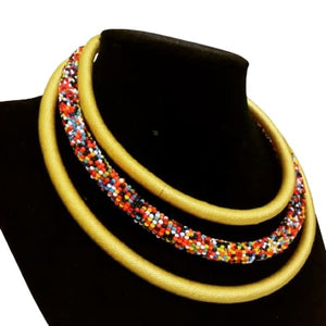 Handmade Thread Bead Triple Layer Necklace earrings Gold Multicolored
