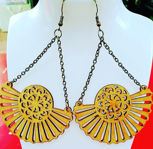 Long Fan Dangle Rose Wooden Earrings