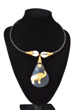 Safari Leather Cowrie Brass elephant Pendant Necklace