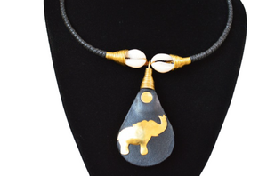 Safari Leather Cowrie Brass elephant Pendant Necklace