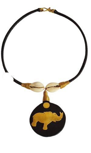 Safari Leather Cowrie Brass elephant Pendant Necklace