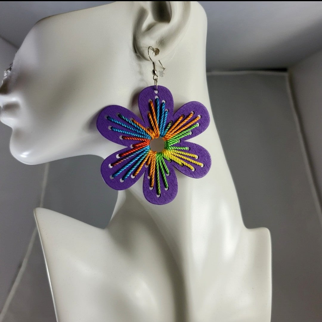 Wood thread design colorful earrings