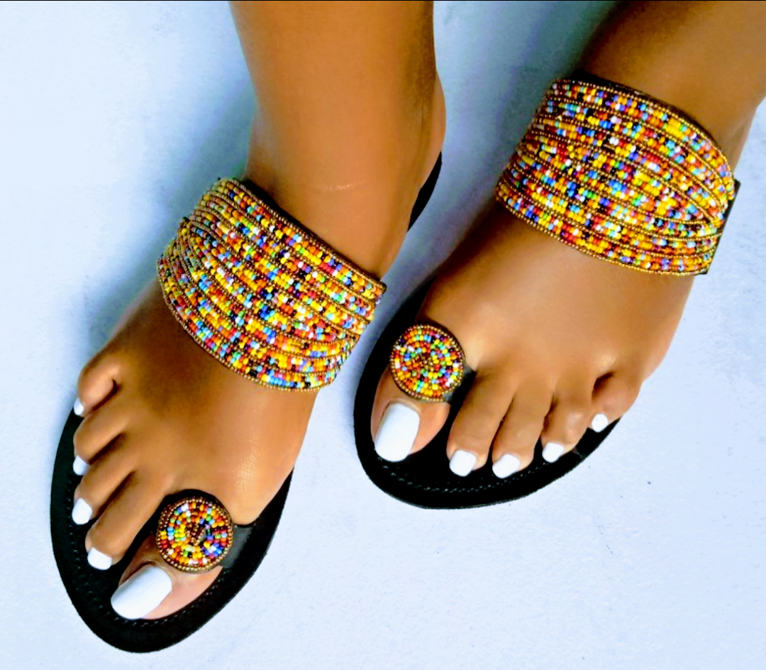 One toe leather beaded handmade Masai Sandals tangerine