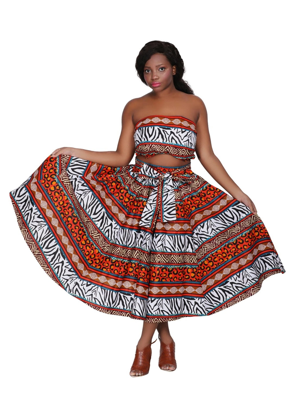 African Dashiki Printed Wax Elastic Waist Flared Skirt Tribal One Size 002